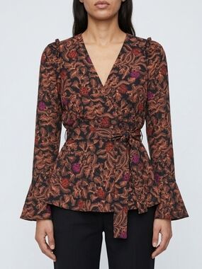 Proenza Schouler Baroque Floral Wrap Blouse Tie Waist Bell Sleeve 6